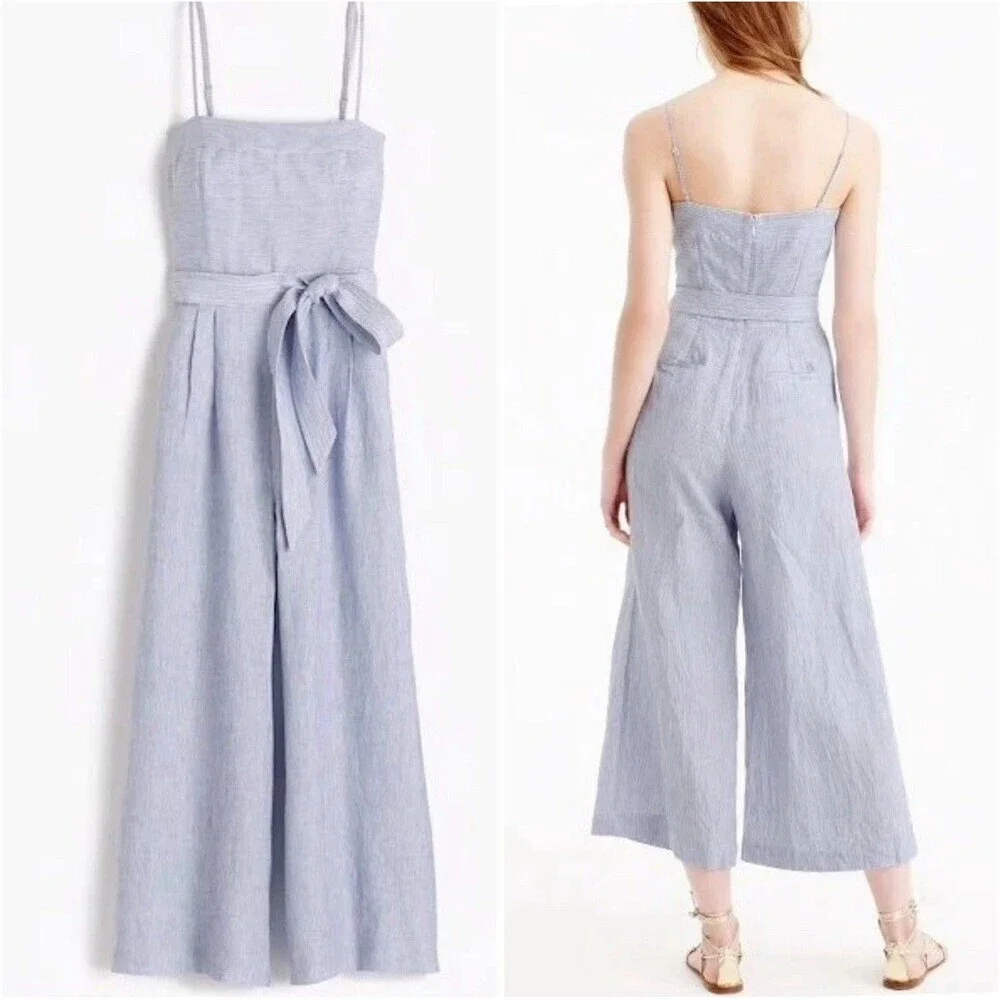 J. Crew Women’s Blue White Striped Linen Wide Leg Jumpsuit Preppy Size 0