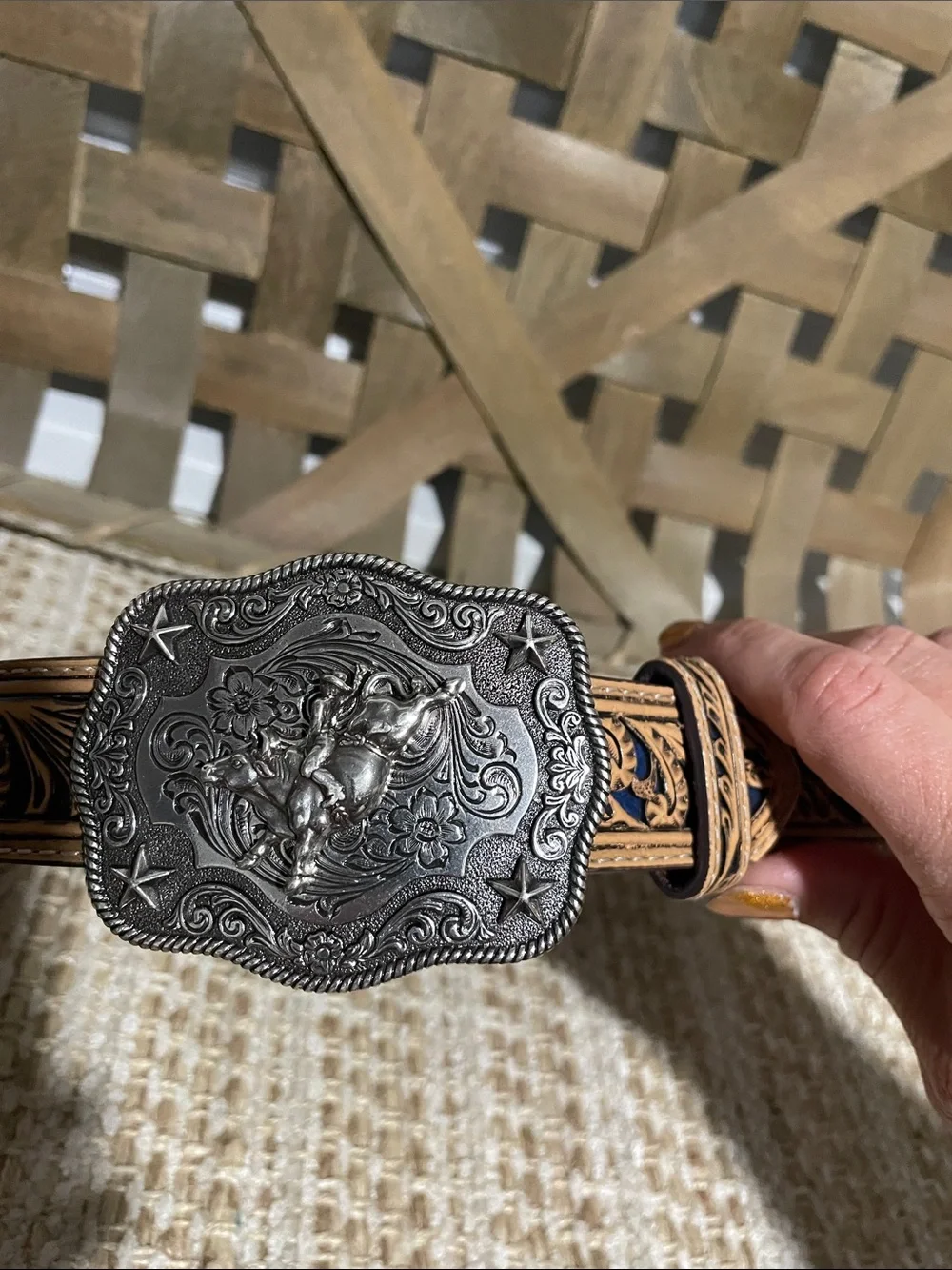 Kids Western Tooled Leather Belt with Silver Horse Buckle — Tan