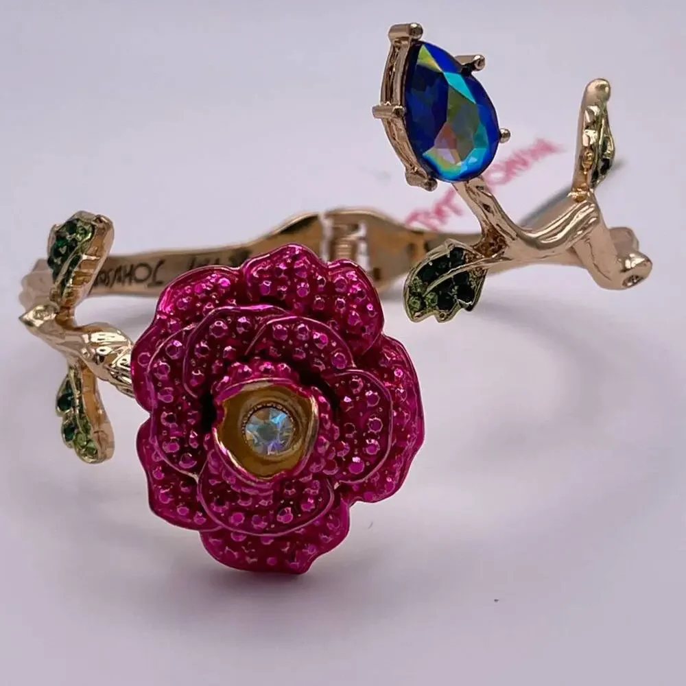 Betsey Johnson Rose Flower Faceted Crystal Hinged Bangle Bracelet Gold Tone NEW