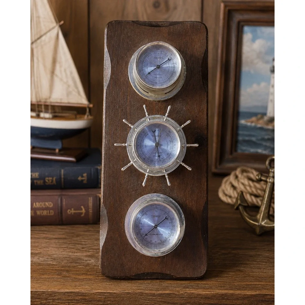 Vintage  Nautical Weather Station Wood Barometer Thermometer Humidity costal