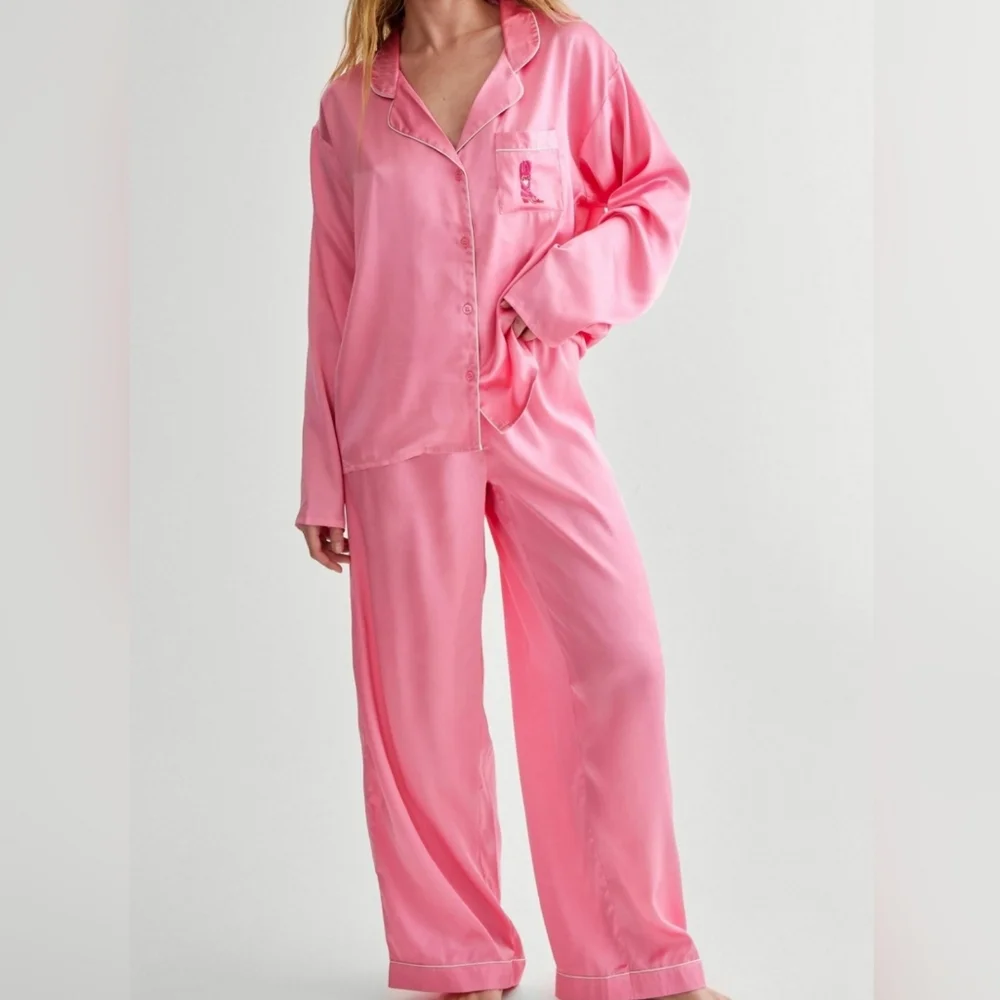 Nasty Gal Satin Embroidered Western Boot Pajama Set Sze 4 & Size 10