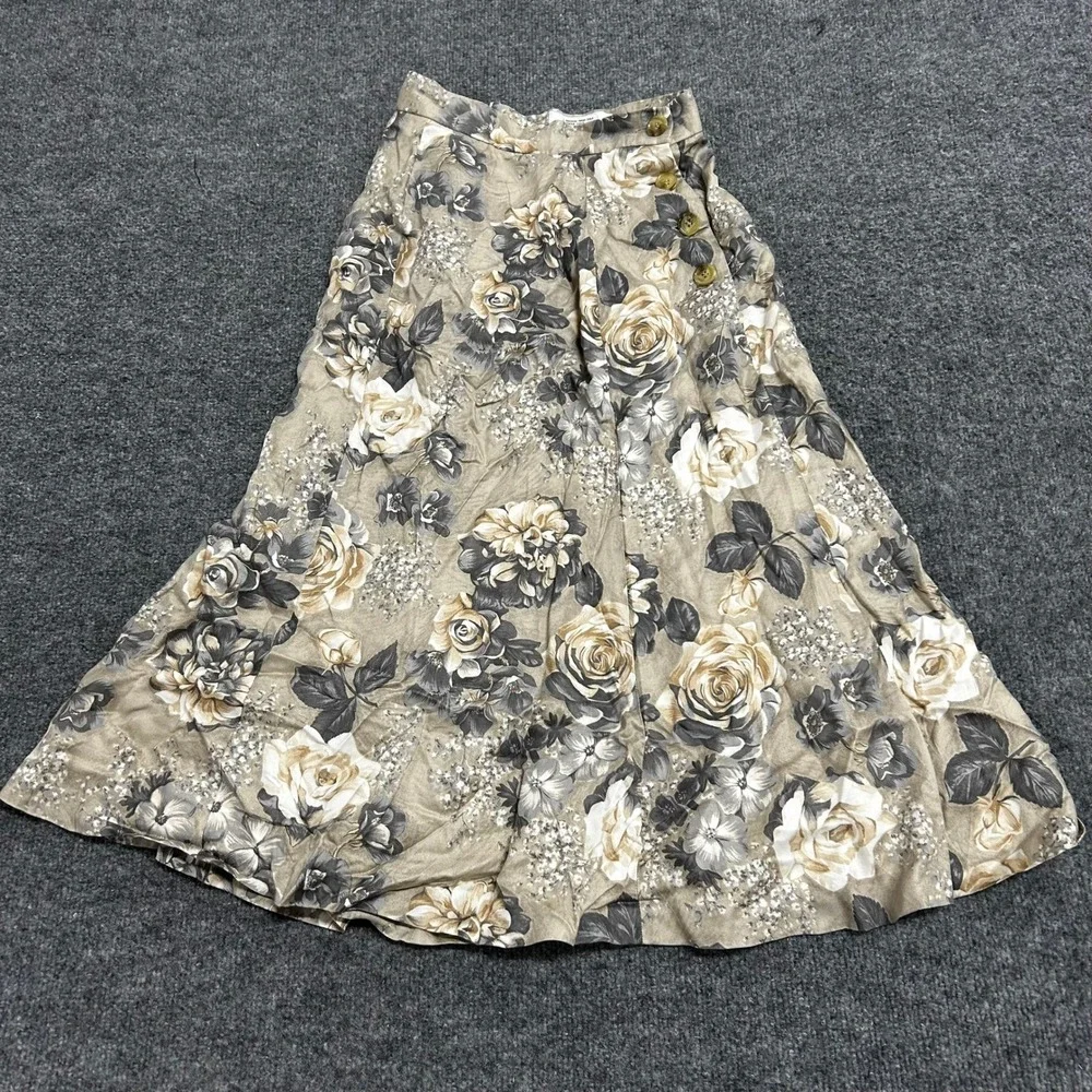 Evan-Picone Skirt Womens Size 2 Tan Floral Rayon Midi Side Button Casual Vintage