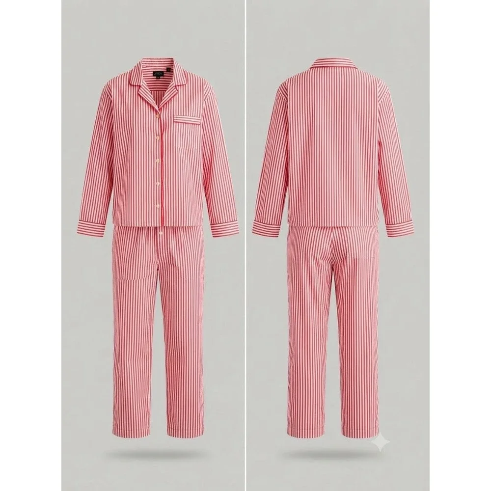 J.Crew Pajama Set Womens Medium Red White Striped Cotton Long Sleeve Sleepwear