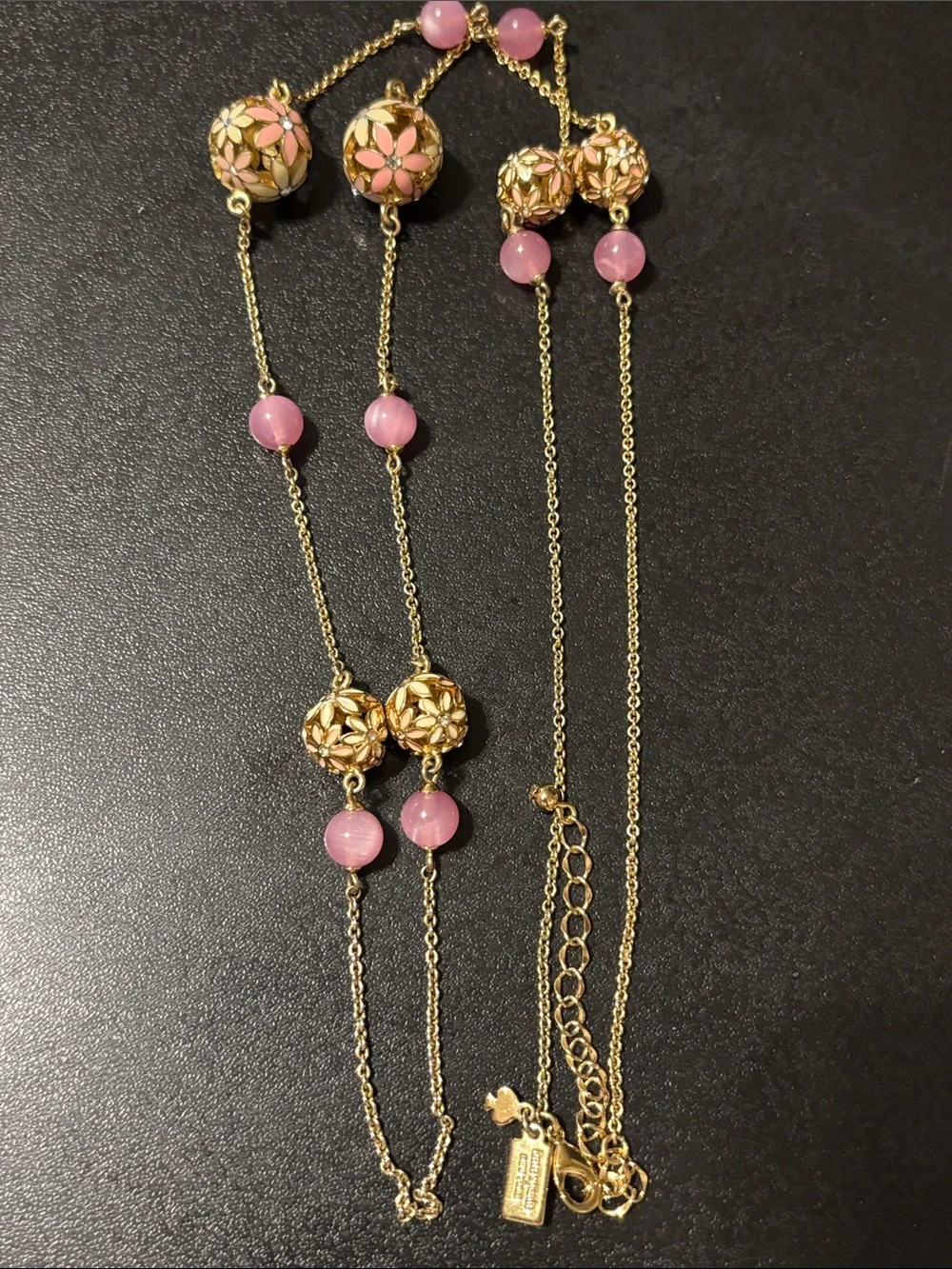 kate spade At‎ First Blush Gold Floral Enamel Necklace with Pink Bead Drops