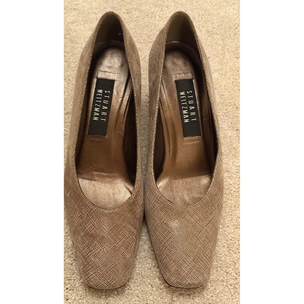 Stuart‎ Weitzman Taupe Metallic Textured Block Heel Pumps Square Toe 8.5 B