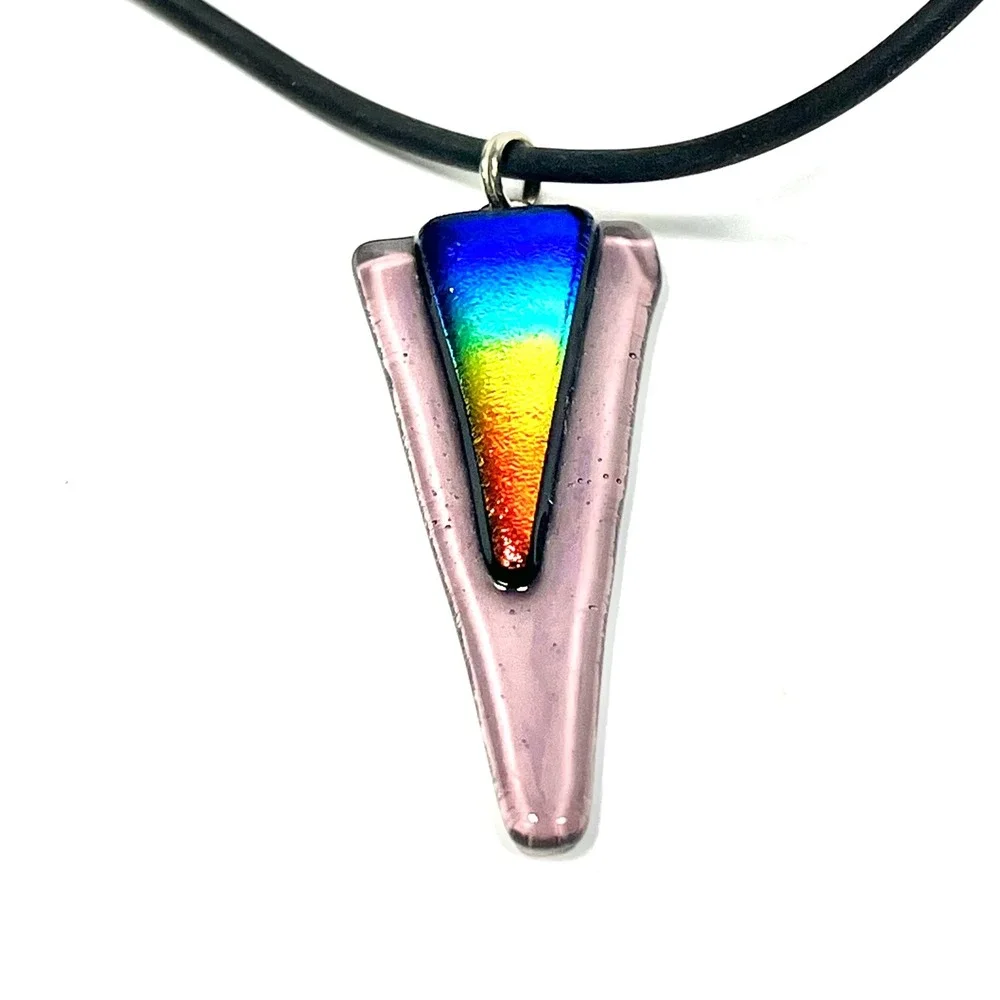 LGBTQ Pride Pink Glass Pendant Necklace Rainbow Dichroic‎ Cord Choker