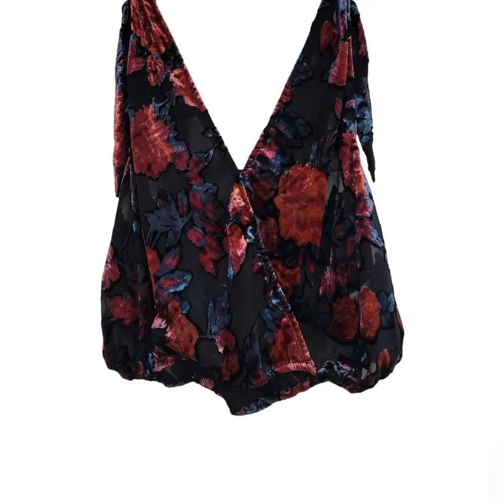 FREE PEOPLE “Tied‎ to You” Floral Velvet V-Neck Tie Shoulder Sleeveless Tank