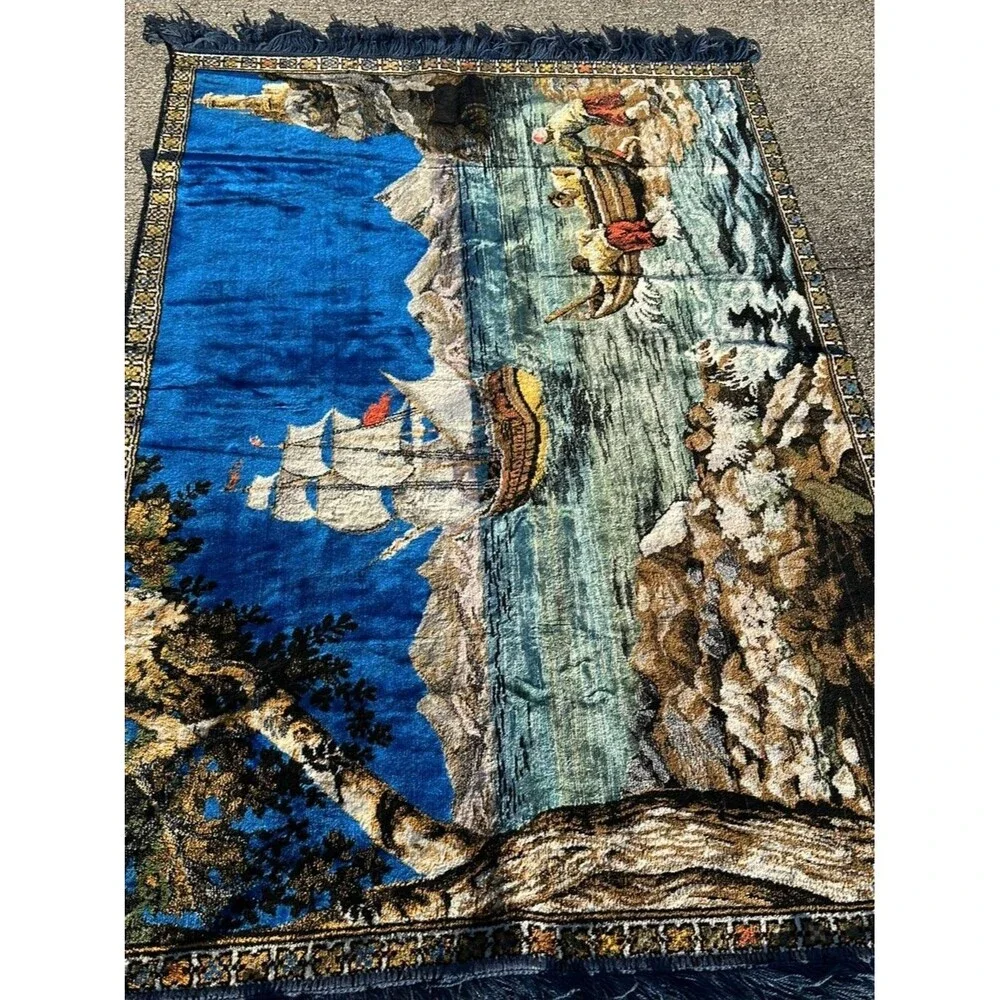 Vintage Italy Velvet Wall Rug Nautical Ship Lighthouse Scene 58x38