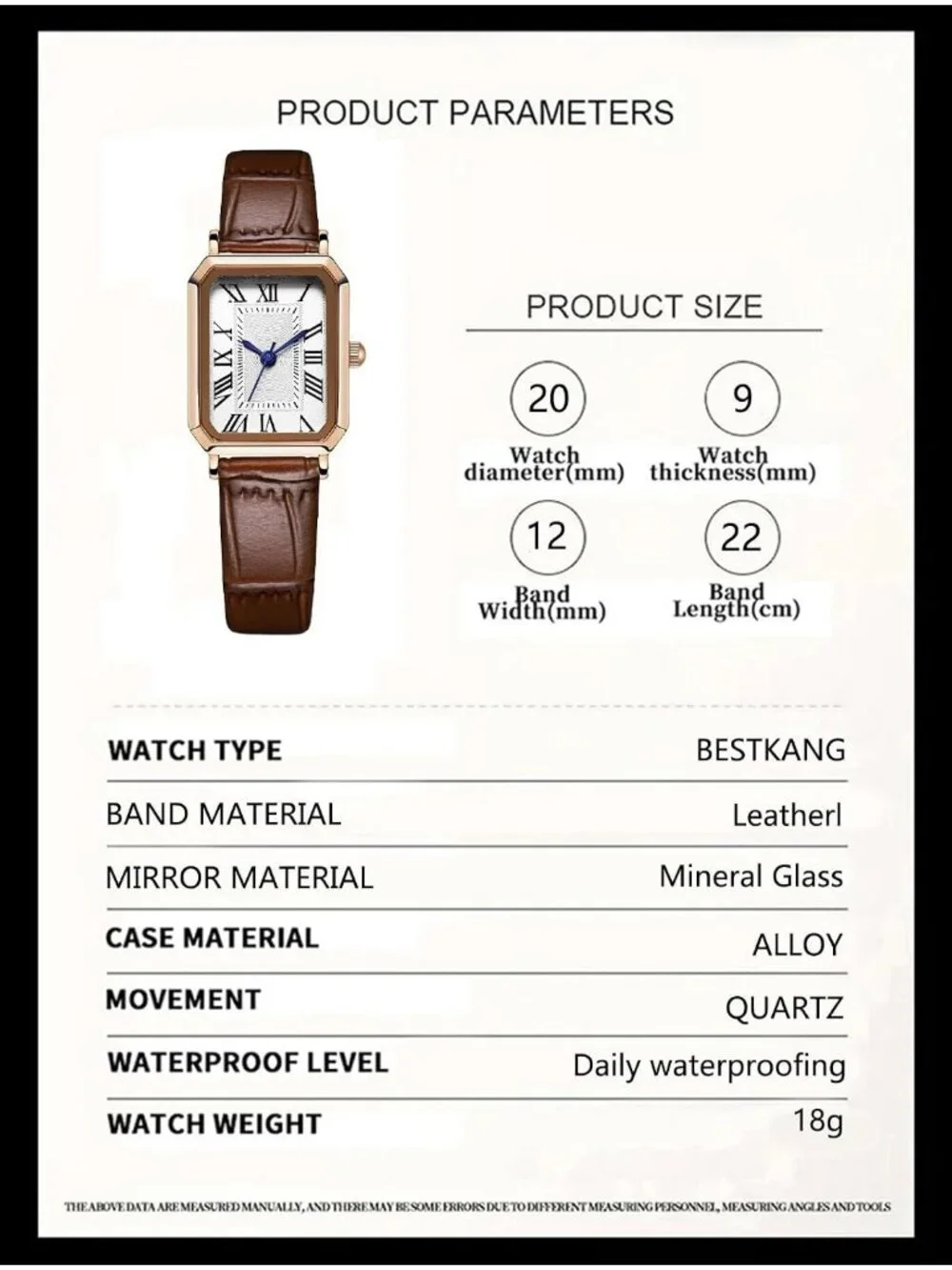 Women's Brown Rose Gold White Leather Strap Vintage Rectangle Elegant Wristwatch