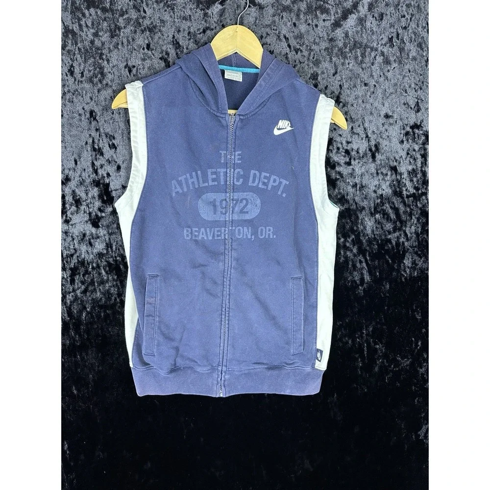 Vintage‎ Nike Sleeveless Full Zip Hoodie Boys L Navy Blue Gray Tag Skate