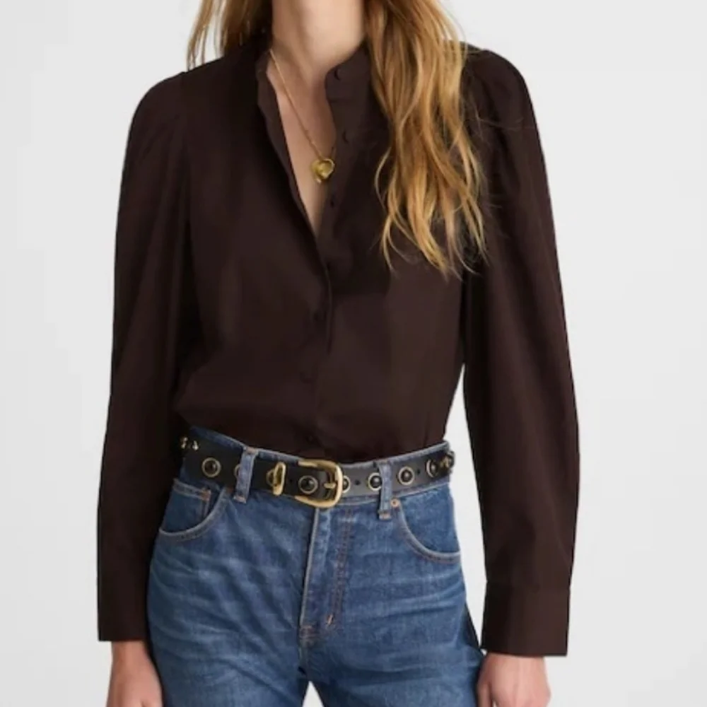 Madewell Brown Long Pleated‎ Puff Sleeve Button-Up Blouse Top Size Medium