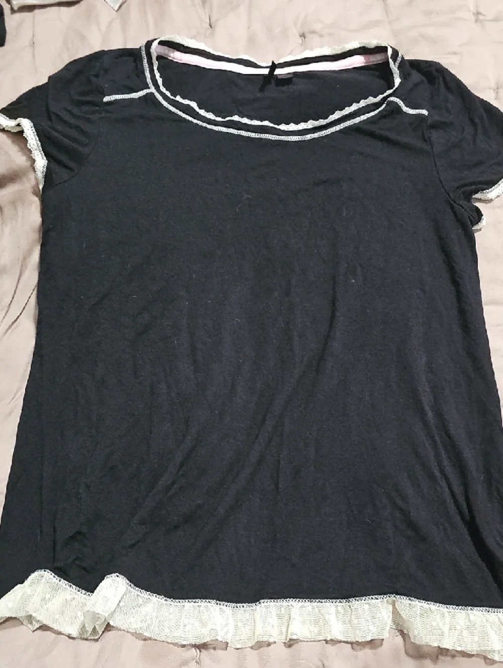 Kensie Black Short Sleeve Tee with‎ Cream Lace Trim