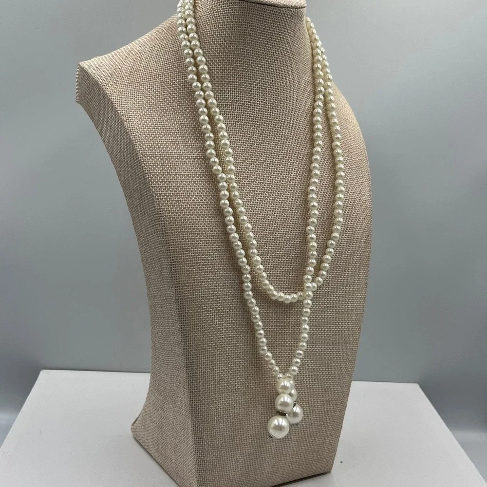 Vintage Long Faux Pearl Double Strand Lariat Necklace White Beaded‎ Tassel Drop