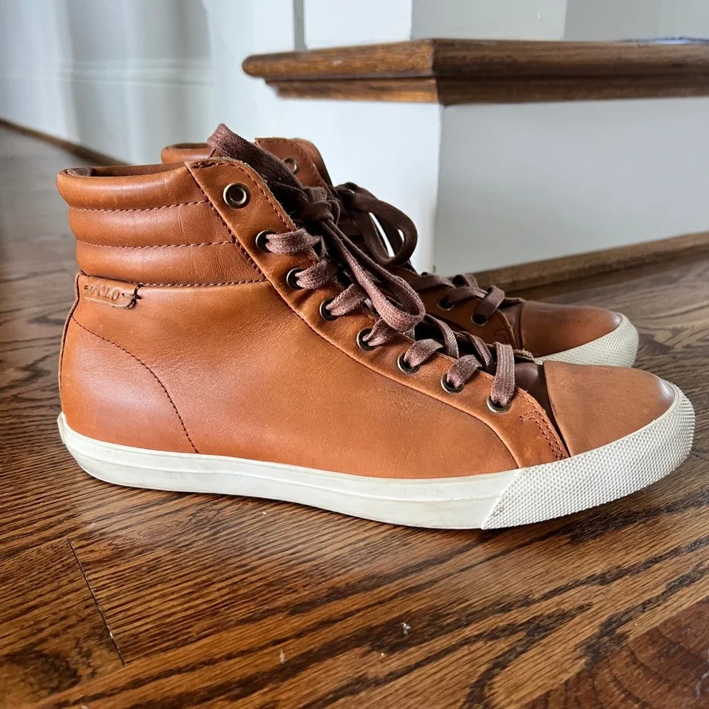 Polo Ralph Lauren Geffron Mens 9.5D Tan‎ Leather High Top Sneakers 14704 Brown