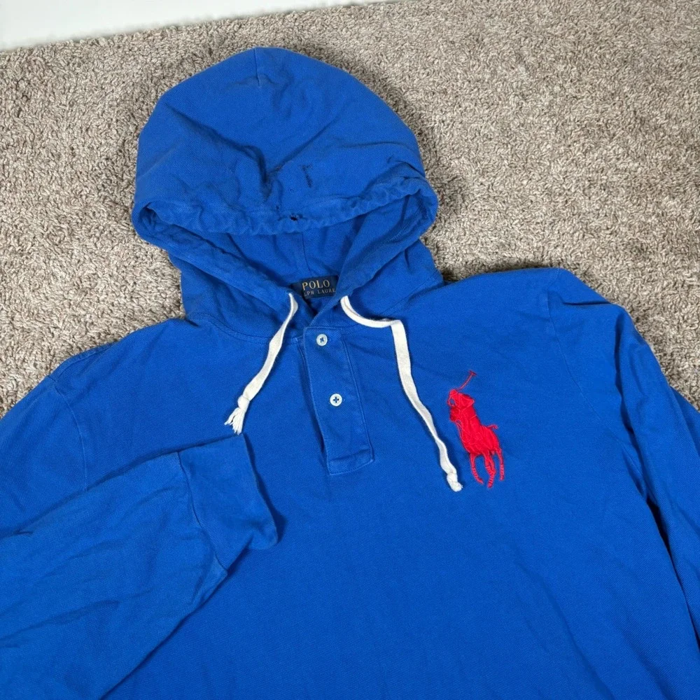 Polo Ralph Lauren Mens XL Blue Long Sleeve Big Pony Hooded‎ Henley Shirt 3 Patch