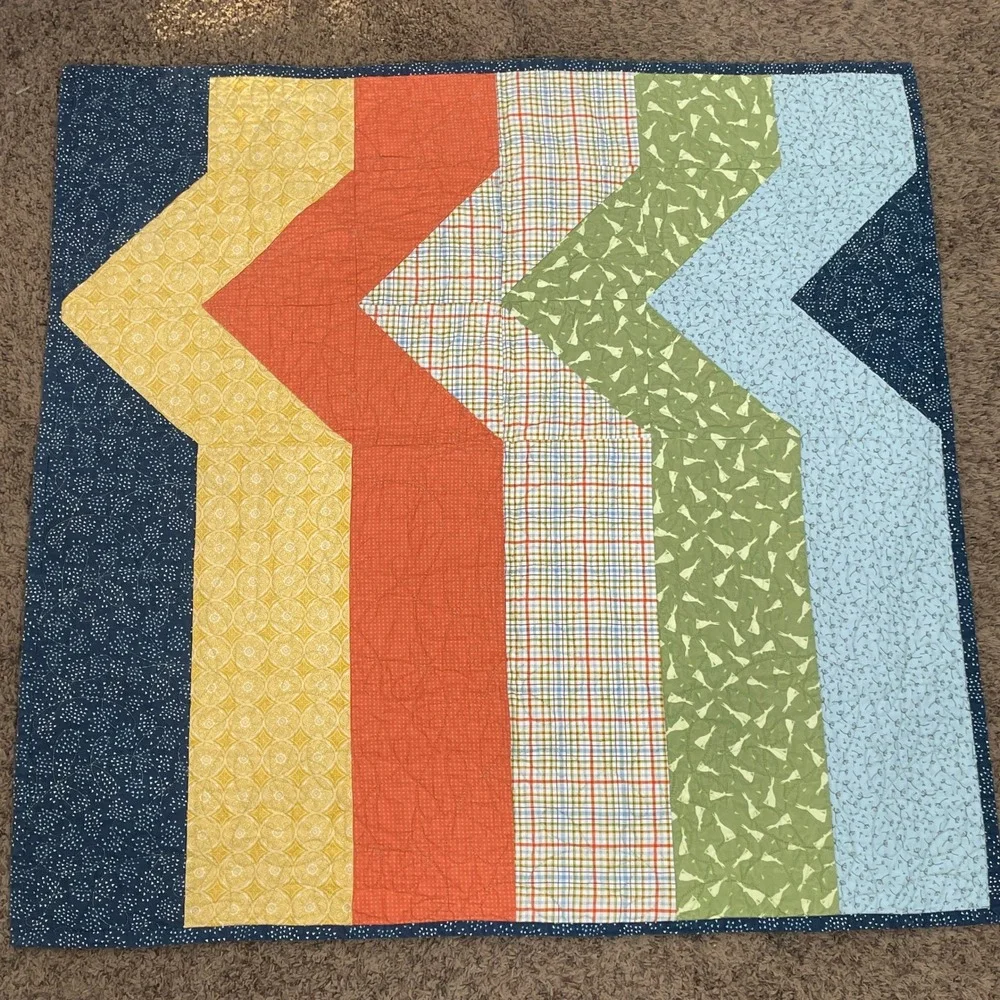Handmade Modern Patchwork Baby Quilt‎ Chevron Geometric Blue Yellow 36