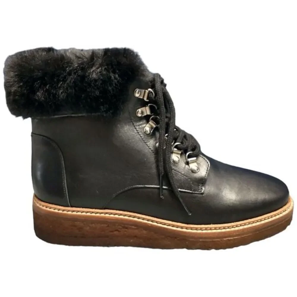 Botkier Winter Snow Boots Womens Size 6 Black Leather Faux Fur‎ Lining Lace Up
