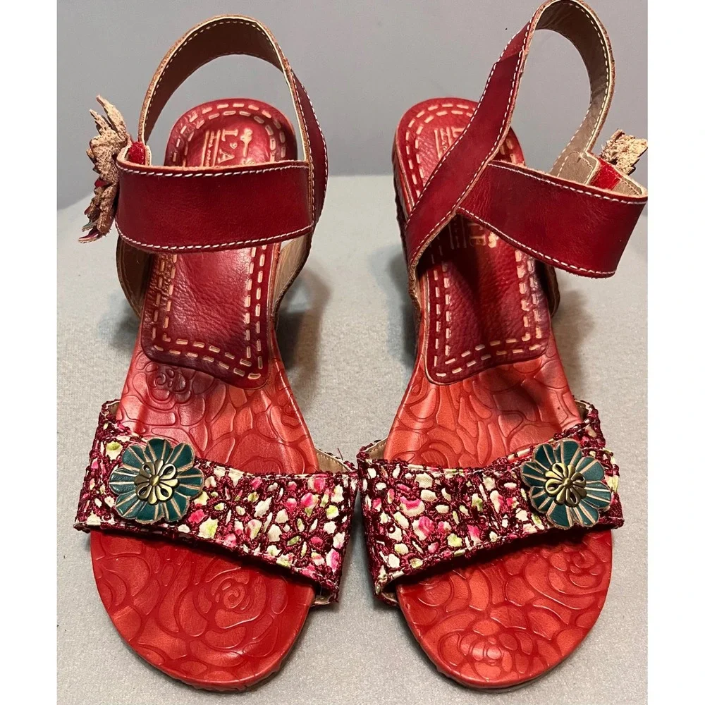 L Artiste by Spring Step Red Leather Floral Wedge Sandals Womens 39 US Size‎ 8.5