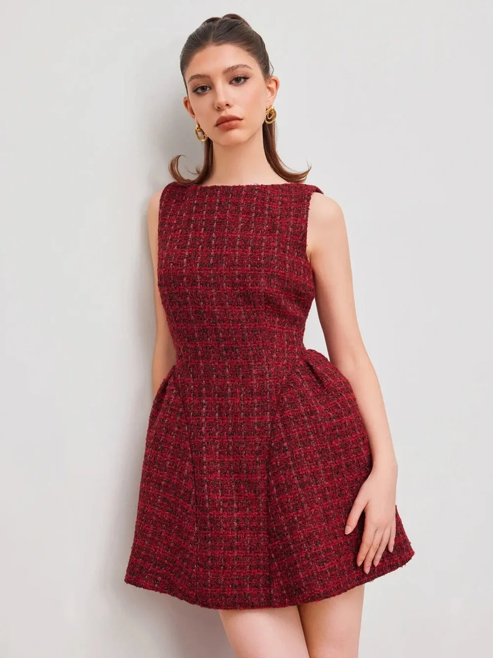 CIDER TWEED BOAT NECK MINI DRESS RED Size XS