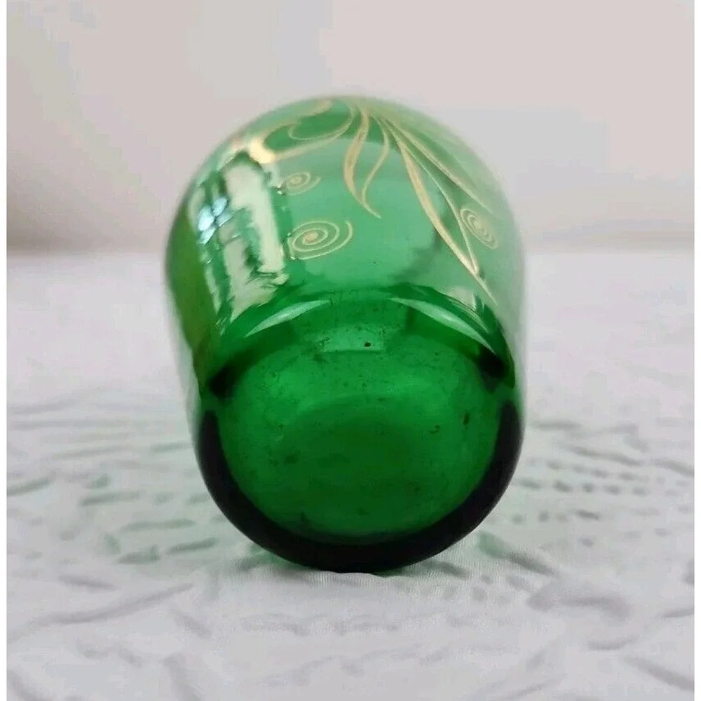 Vintage Anchor Hocking Emerald Green Glass Bud Vase Gold Accents 3.75