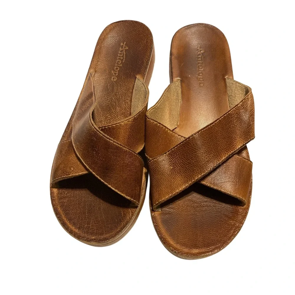 Antelope Brown Leather Crisscross Slide Sandals‎ Platform Wedge Womens 7.5 (38)