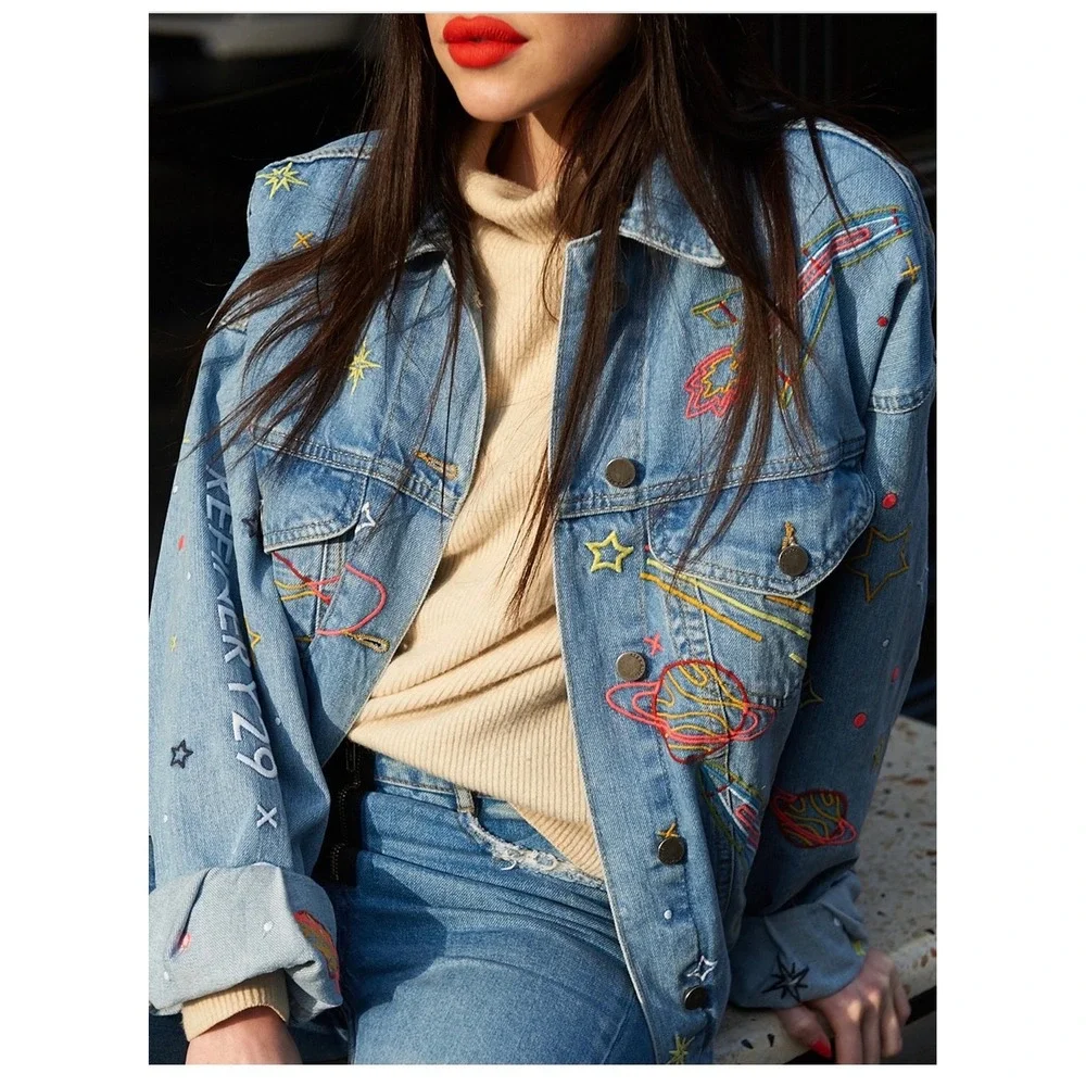 ASOS x Refinery29 Space Embroidered Denim Jacket Light‎ Wash Rocket Star XS