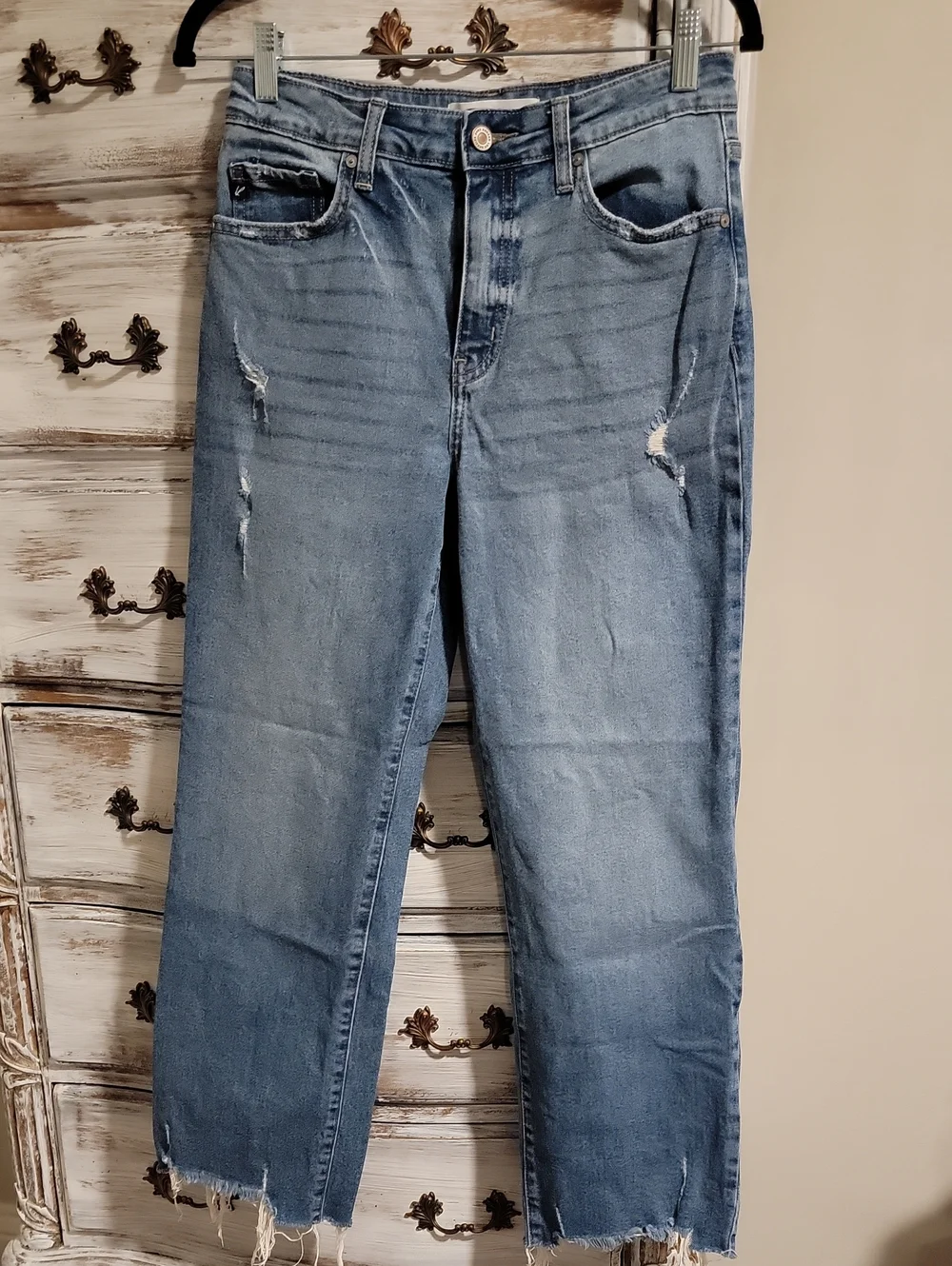 KanCan Medium Blue Distressed Jeans with Frayed Hem