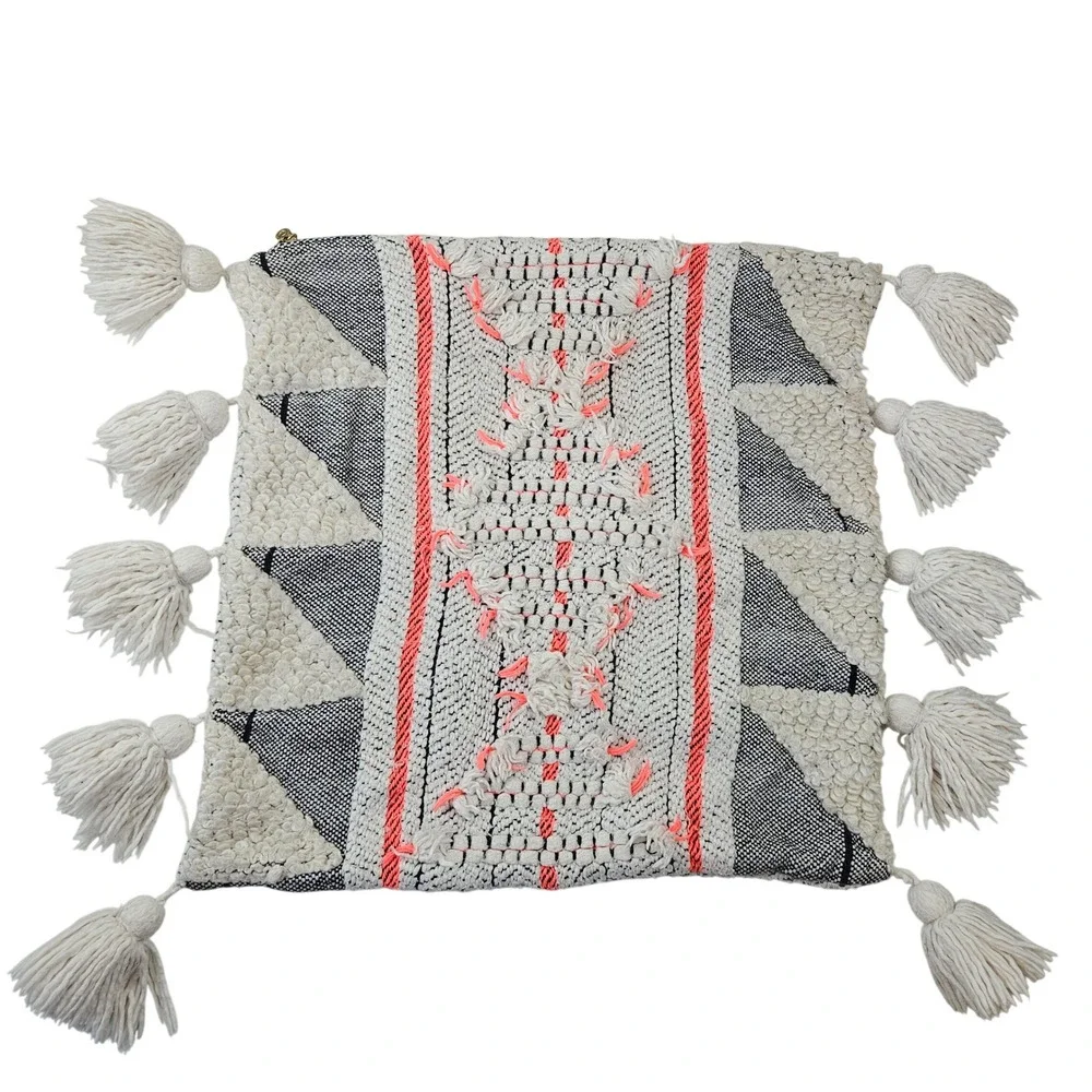 Anthropologie Edna Woven Texture Accent Pillowcase Tassel Neon‎ Coral 18x18in