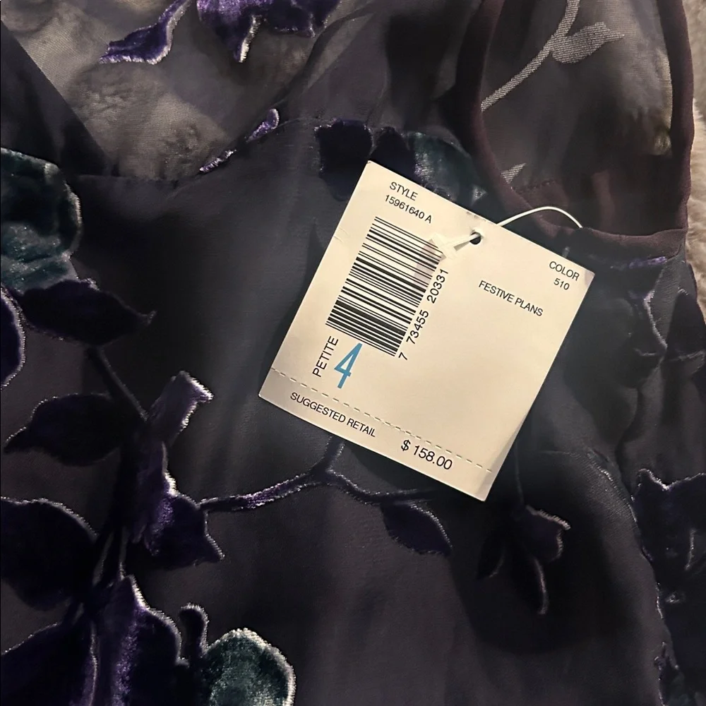 NWT Liz Claiborne Vintage Dark Purple Sheer Floral Shift Dress - 4P