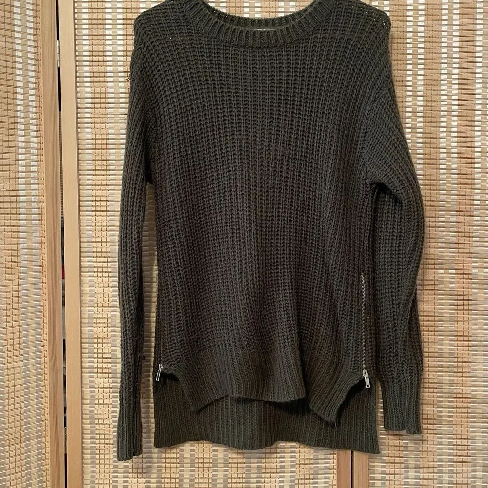 Love Change Italy Womens 14 Cable Knit Gray Sweater  Zipper Slit Ribbed‎ Hi Low