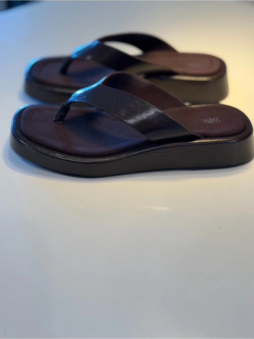 Zara Black Leather Thong Platform Sandals with Brown Footbed