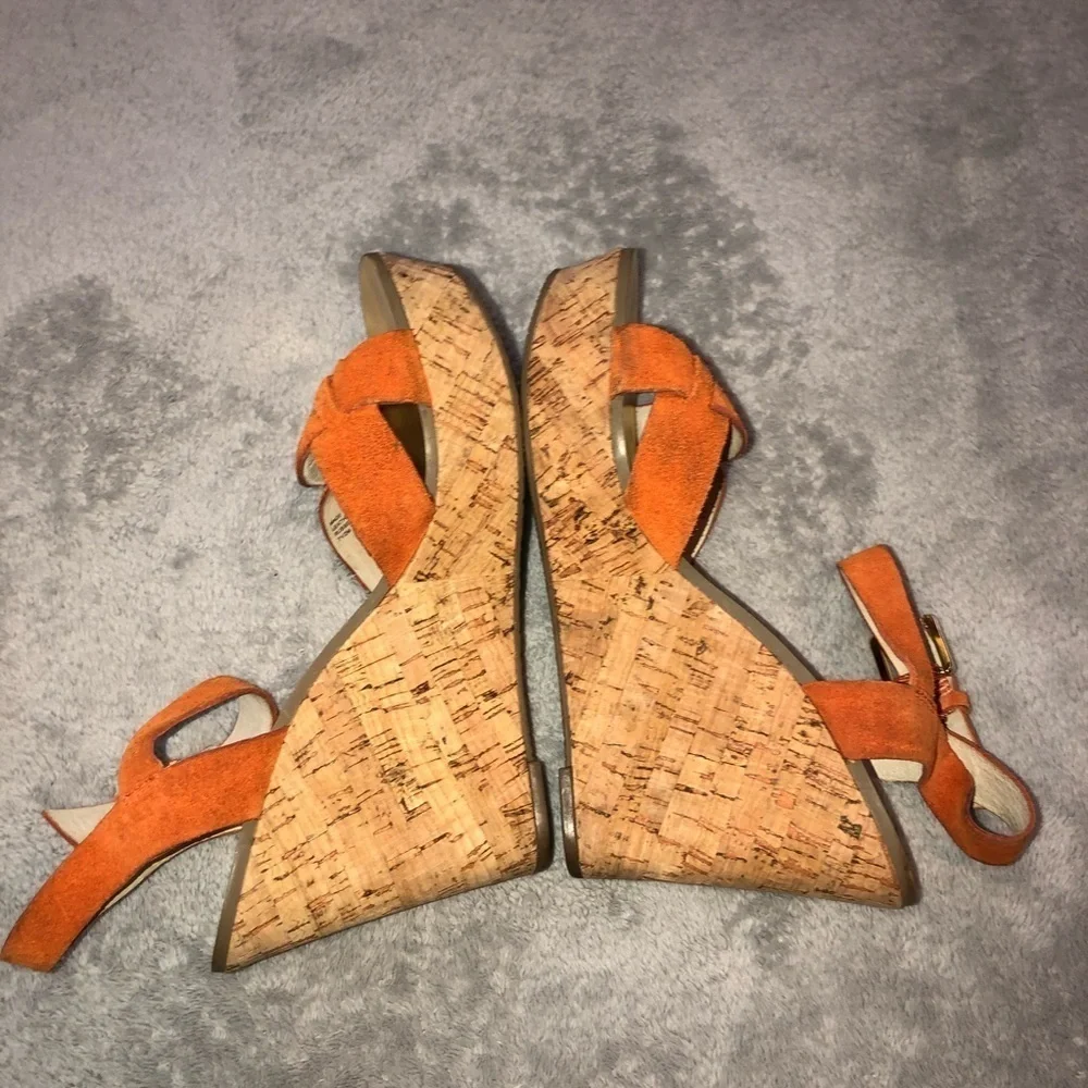 MICHAEL Michael Kors Orange Suede Amber Cork Wedge Ankle Strap Sandals