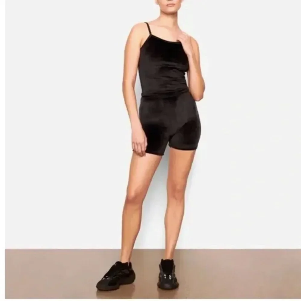 SKIMS black velour velvet French cut high waisted rise lounge biker shorts
