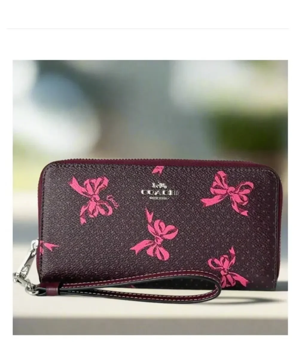 Coach CZ327 Pink Bow Long Zip Wallet Merlot Canvas Phone Wristlet