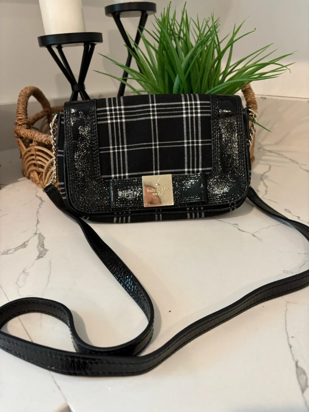 Kate Spade Primrose Hill Little Kailen Crossbody Plaid Fabric Patent Leather Bow