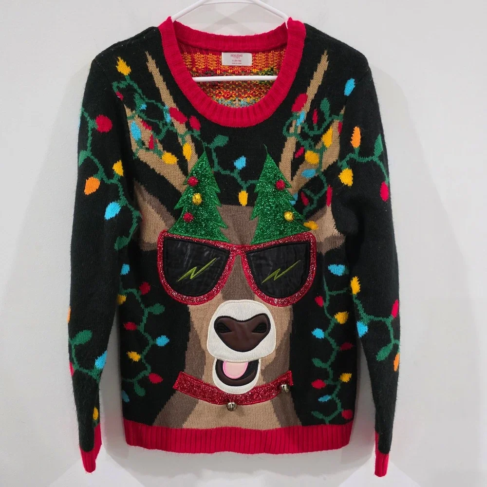 Holiday Time Mens Ugly Christmas Sweater Size Small Black Reindeer Jingle Bells
