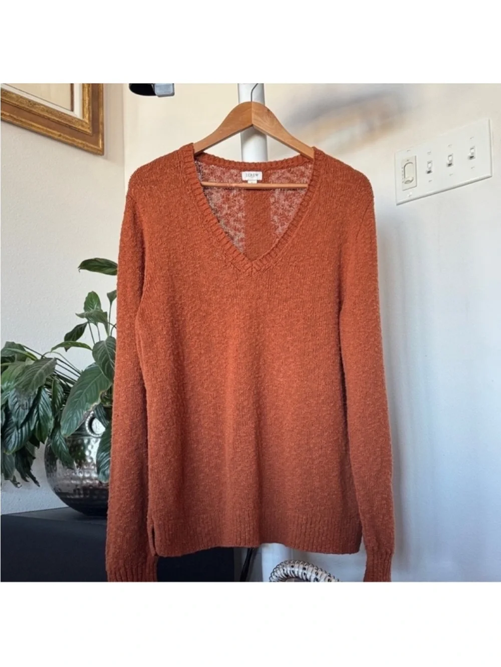 J Crew Brown Copper Knit V Neck Sweater Sz L side slits
