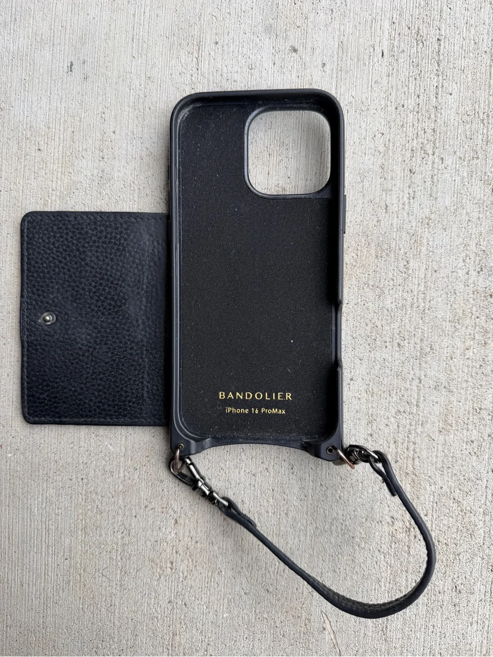 Bandolier Black Leather iPhone 16 Pro Max Crossbody Case with Strap