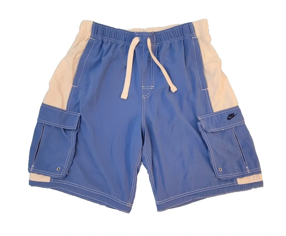 Nike Swim Shorts XXL Blue White Cargo Pocket Drawstring Unlined Beach Board