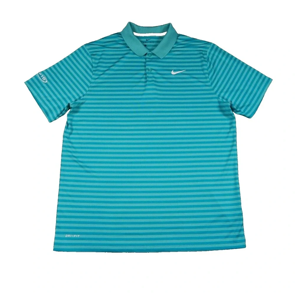 Nike Golf Polo Shirt Mens L Blue Green Striped Dri-Fit Short Sleeve Tour 18 Logo