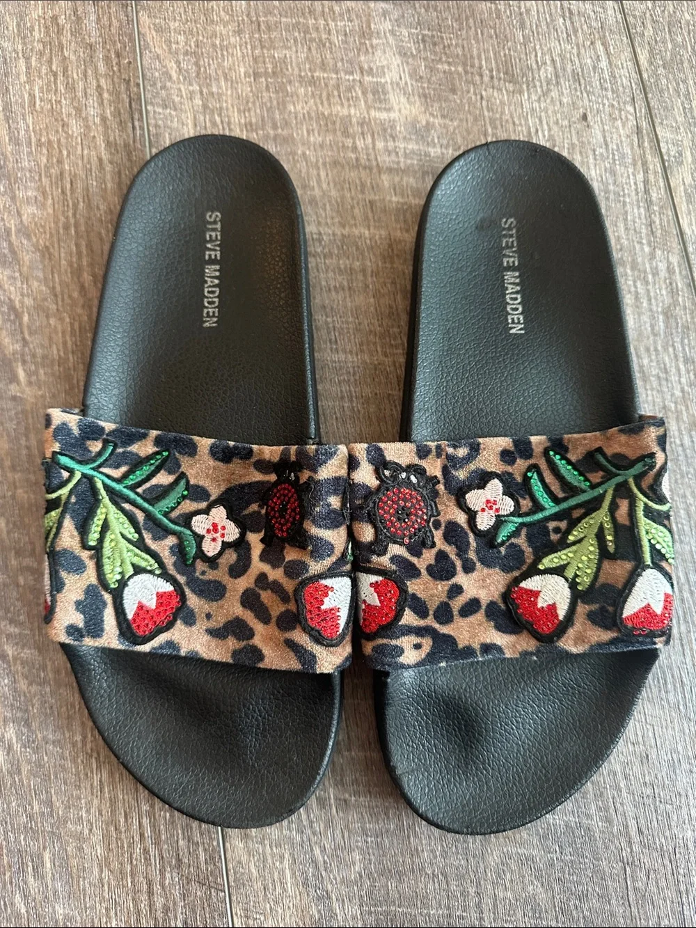 Steve Madden Leopard Slide Sandals with Strawberry Embroidery