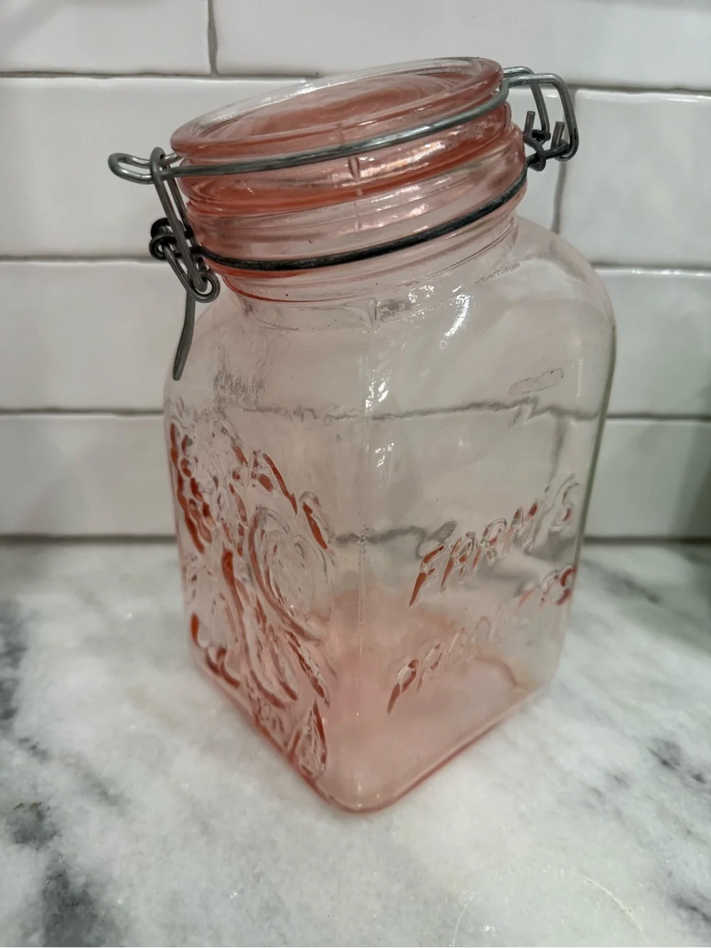 Pink Glass Italian Jar, Bale Wire Slanted Clamp Lid Jar