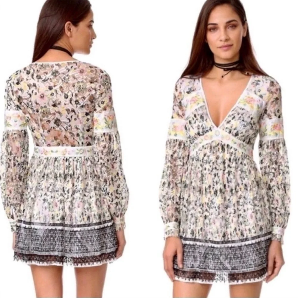 FREE PEOPLE Cherry Blossom Mini Dress in Ivory Multicolor Embroidered Mesh Sz 0