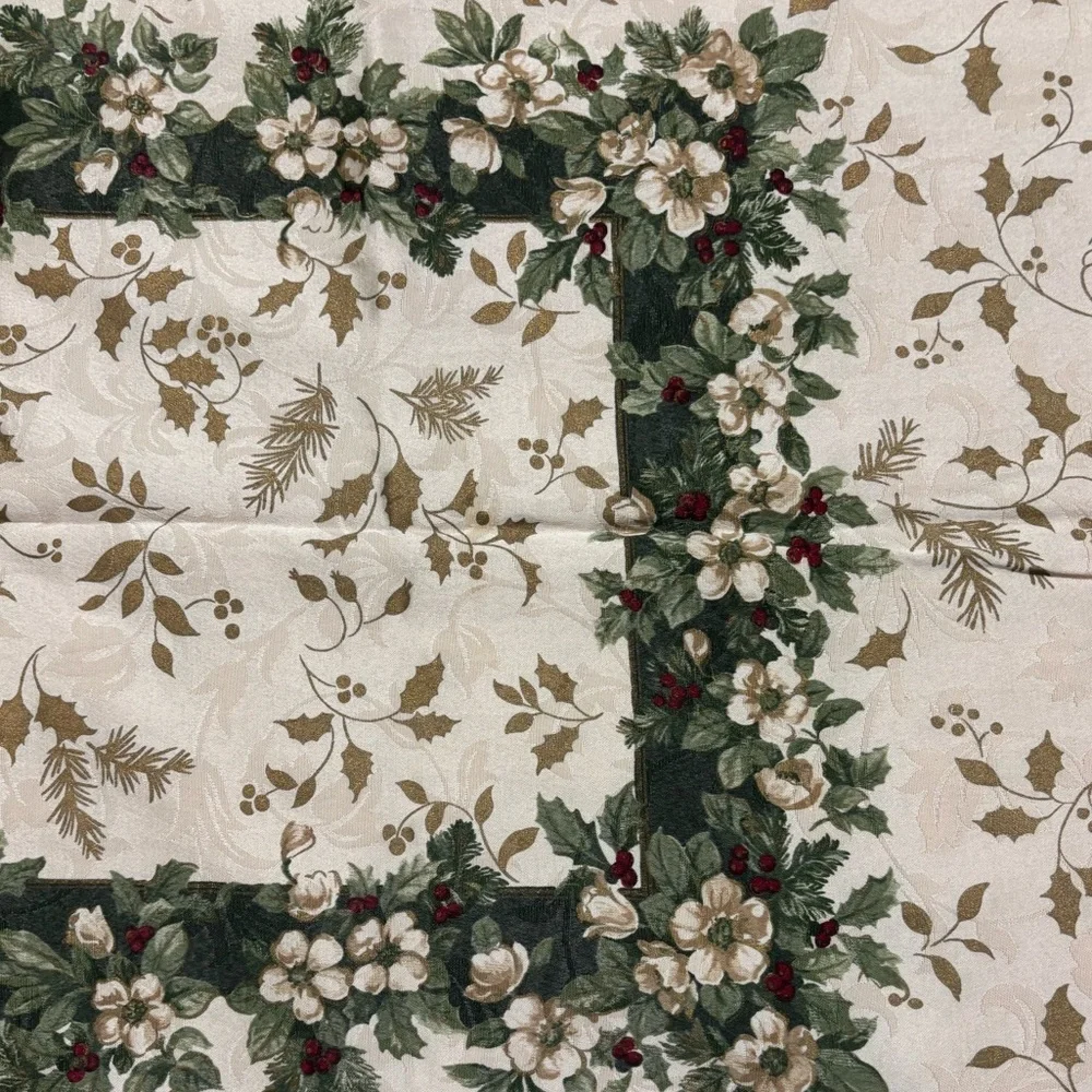 Vintage Table Cloth Luxury Holiday Christmas Floral Holly Ivory Cream Gold Green