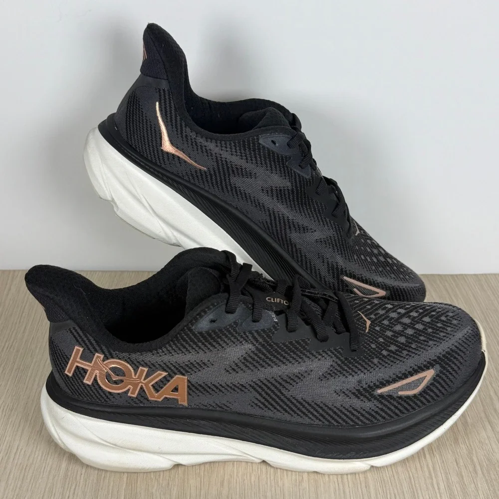 Running Shoes Hoka Womens 9.5B Black Rose Gold Clifton 9 Sneakers 1127896 BRGL