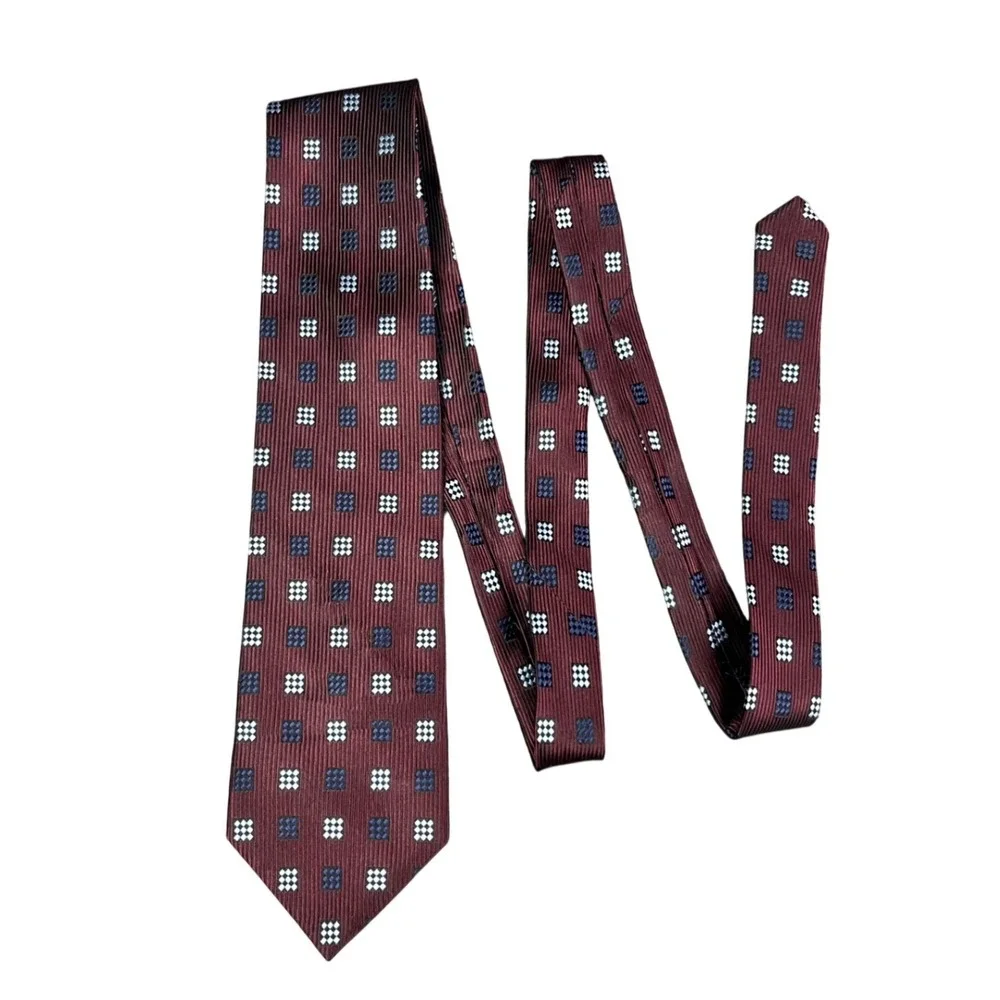 Joseph & Feiss Burgundy Silk Geometric Square Pattern Hand Made Necktie XL 63in
