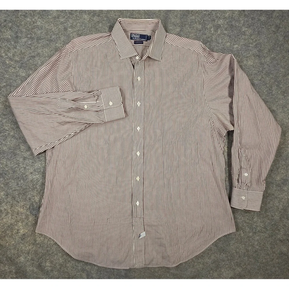 Polo Ralph Lauren Estate Mens 17.5 36 Burgundy White Striped Cotton Dress Shirt