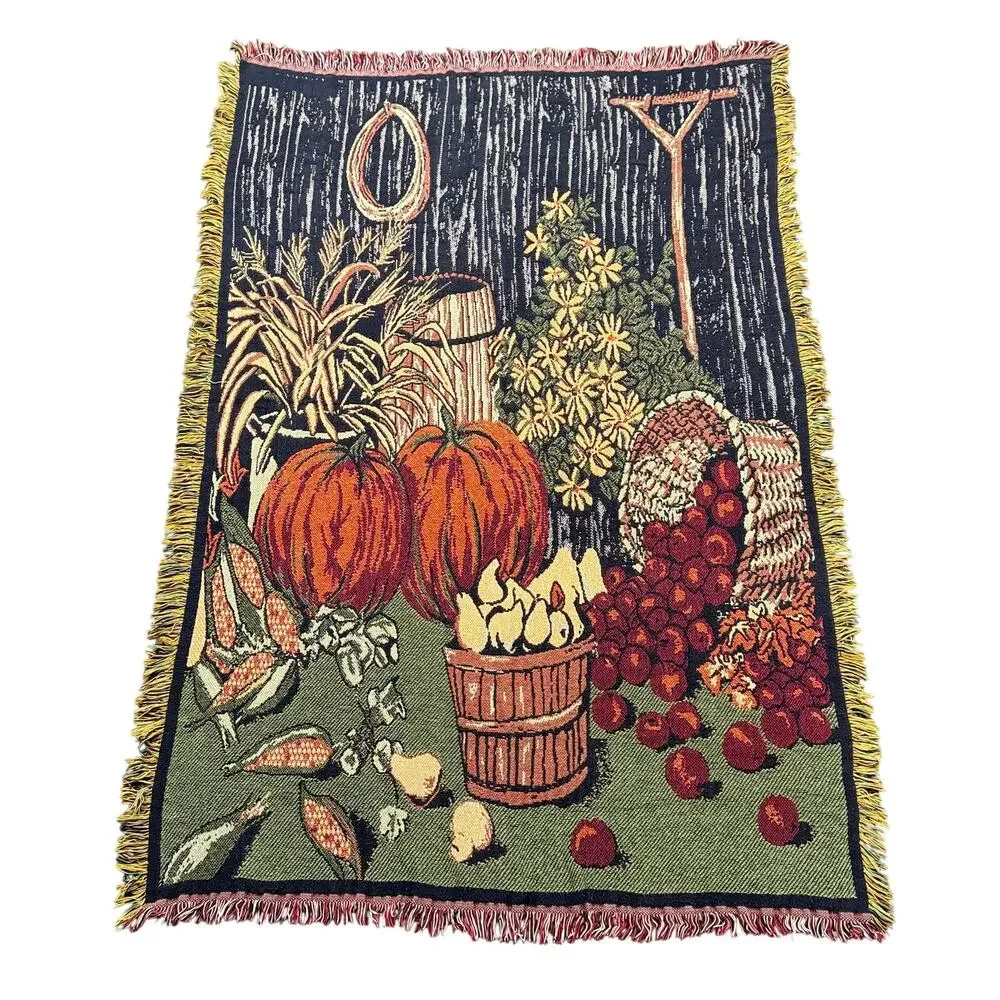 Vintage Fall Harvest Woven Tapestry Throw Blanket Fringed Pumpkins 48
