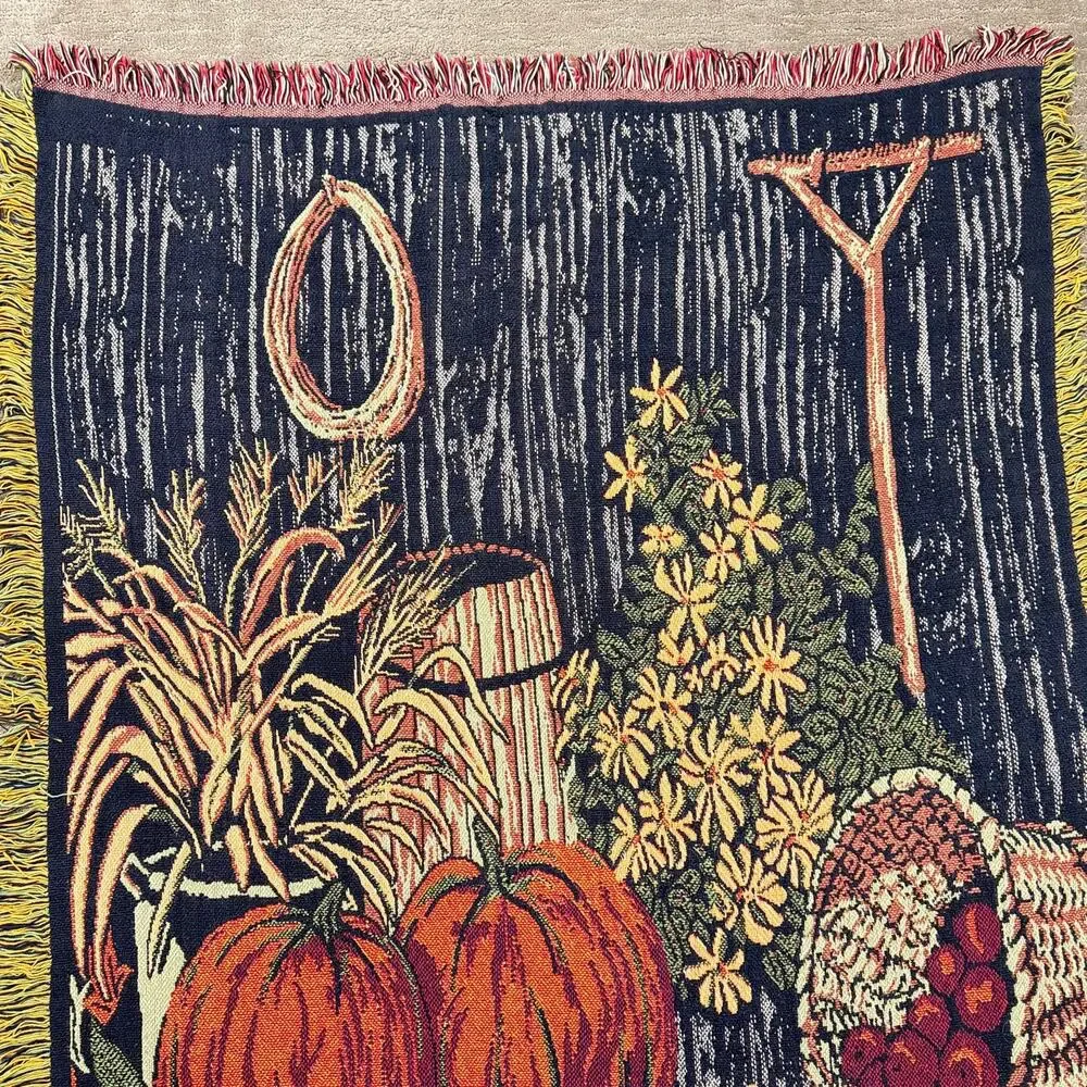 Vintage Fall Harvest Woven Tapestry Throw Blanket Fringed Pumpkins 48