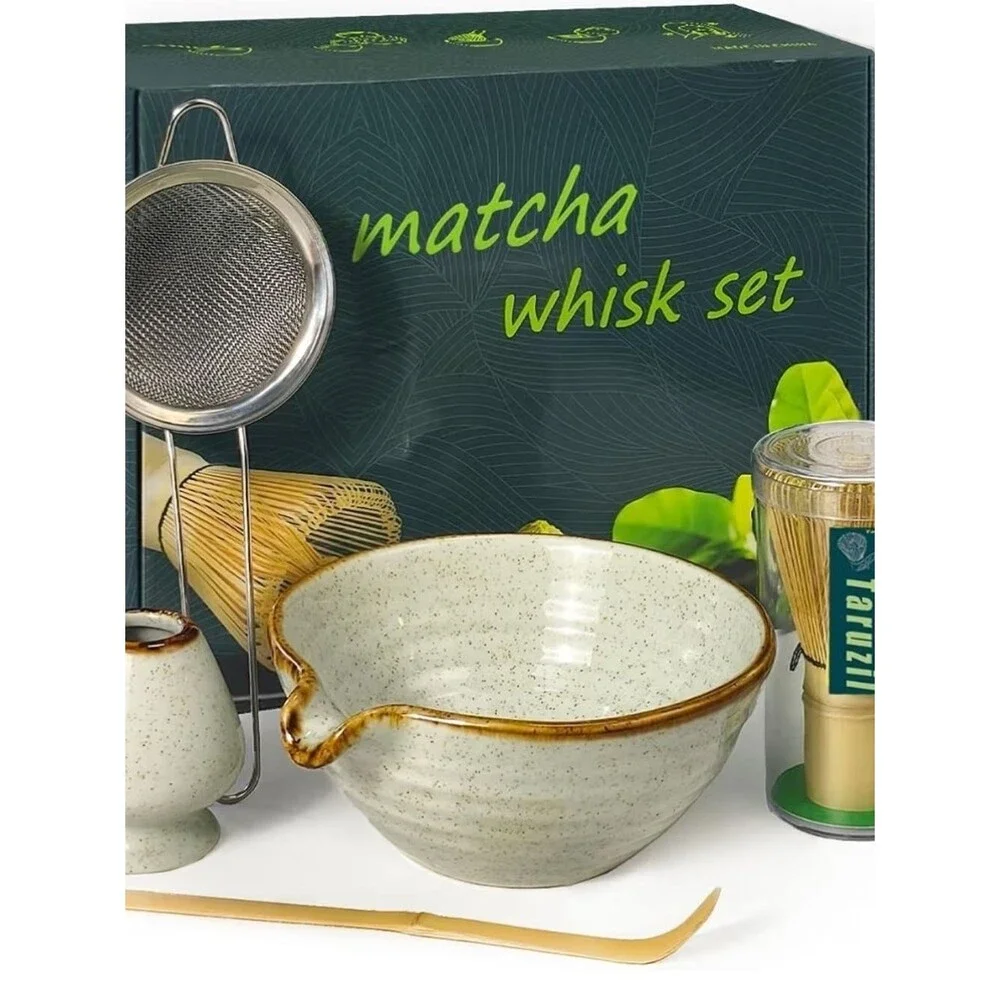 Taruzil Matcha Whisk Set with Matcha Bowl, Matcha Bamboo Whisk, Scoop, Sifter